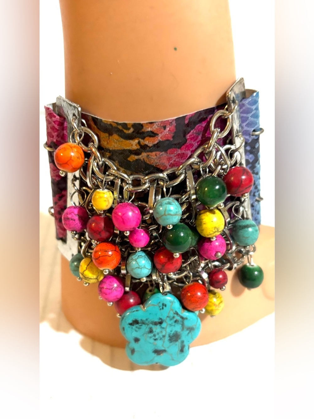 Colorful Multi-Bead Statement Cuff Bracelet - Turquoise, Pink, Yellow & More
